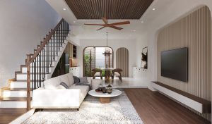 Cách kê sofa nhà ống sát chân cầu thang