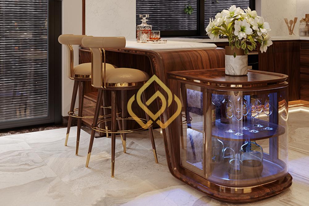 Quầy bar gỗ óc chó xu hướng nổi bật trong thiết kế nội thất phòng bếp